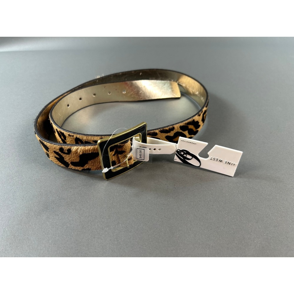 Nine West Leopard Print Calf‎ Hair Belt Gold Black Enamel Sq. Buckle Size L NEW